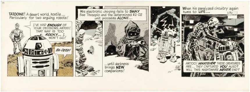 One of six consecutive lots of Al Williamson (1931-2020) original, unpublished concept art that preceded the "Star Wars" daily newspaper comic strip (which was ultimately written and drawn by Russ Manning and ran from 1979-1984). Estimate: $10,000-$20,000.