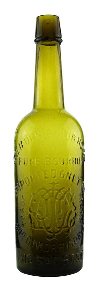 California Club House Pure Bourbon, considered one of the premier brands to collectors of California whiskey bottles. It was produced between 1872 and 1874 and there are nine or so known in shades of amber.