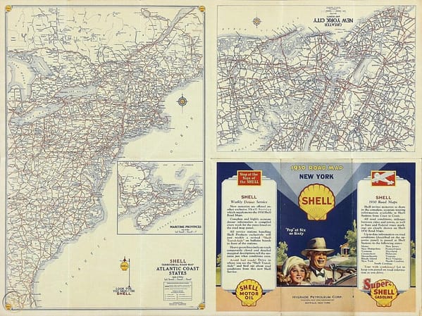 A 1930s roadmap of New York, distributed by the Shell Oil Company