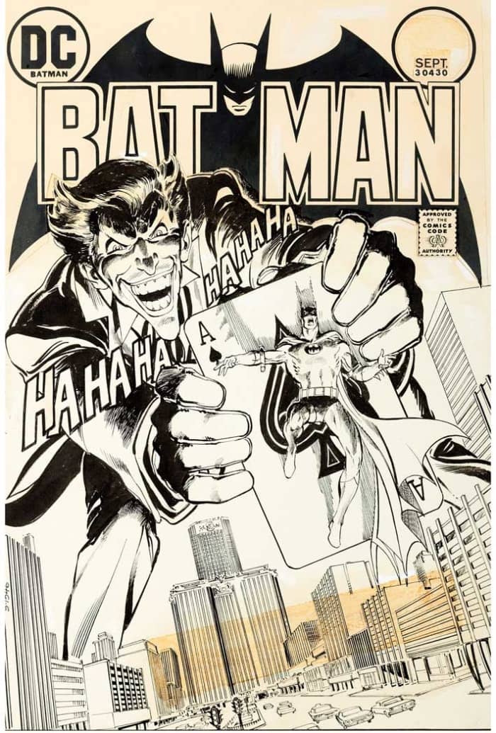 Neal AdamsundefinedBatmanundefined#251 original art cover featuring the Joker (DC, 1973) sold for $600,000 in 2019.
