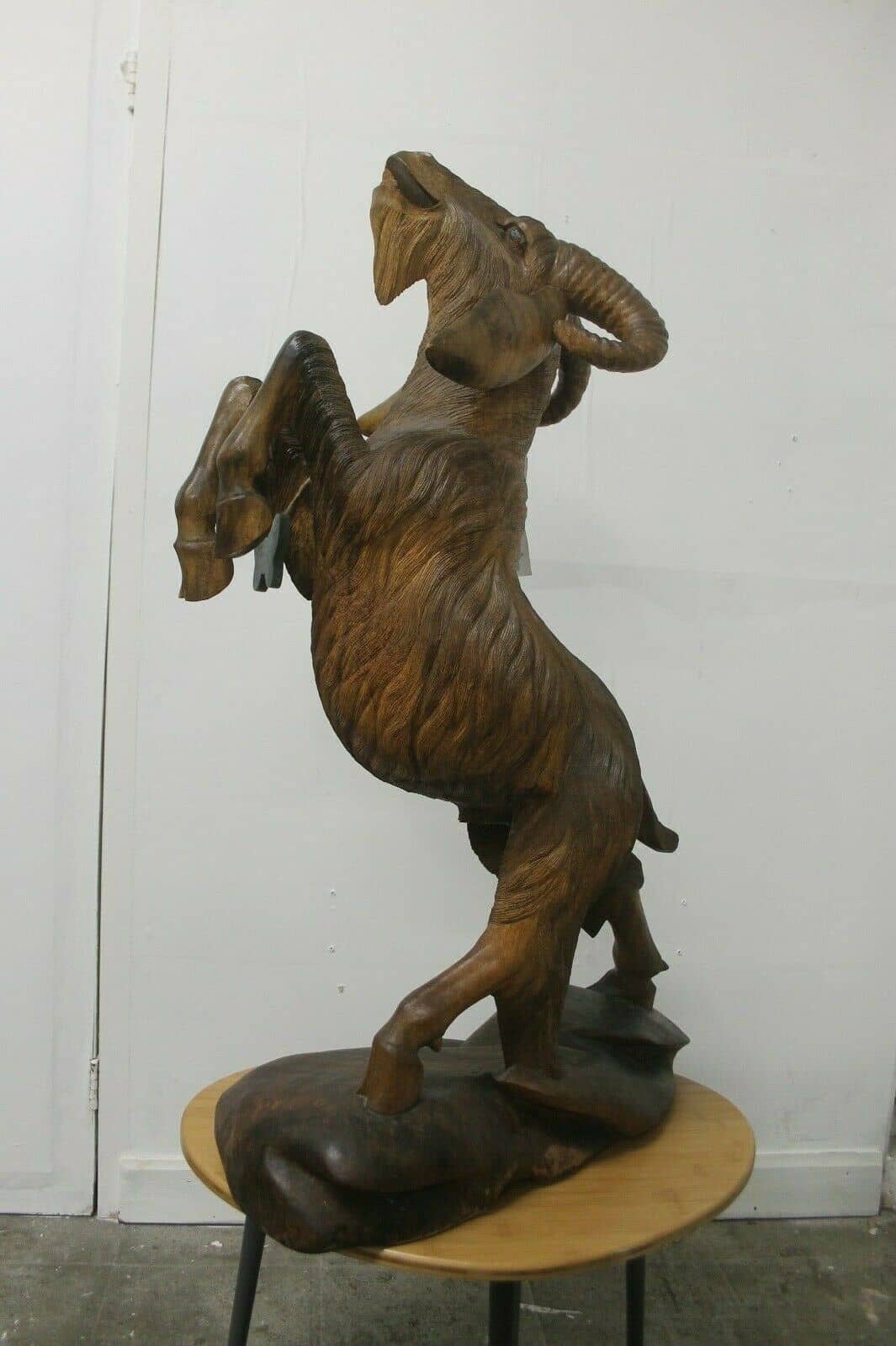 Large Vintage Hand Carved Black Forest Wood Carving of a Goat 37″ by 24″ by 11″.
